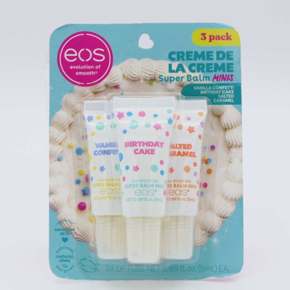 EOS Creme De La Creme Super Balm Minis 3 Pack Tube Vanilla Birthday Cake Caramel